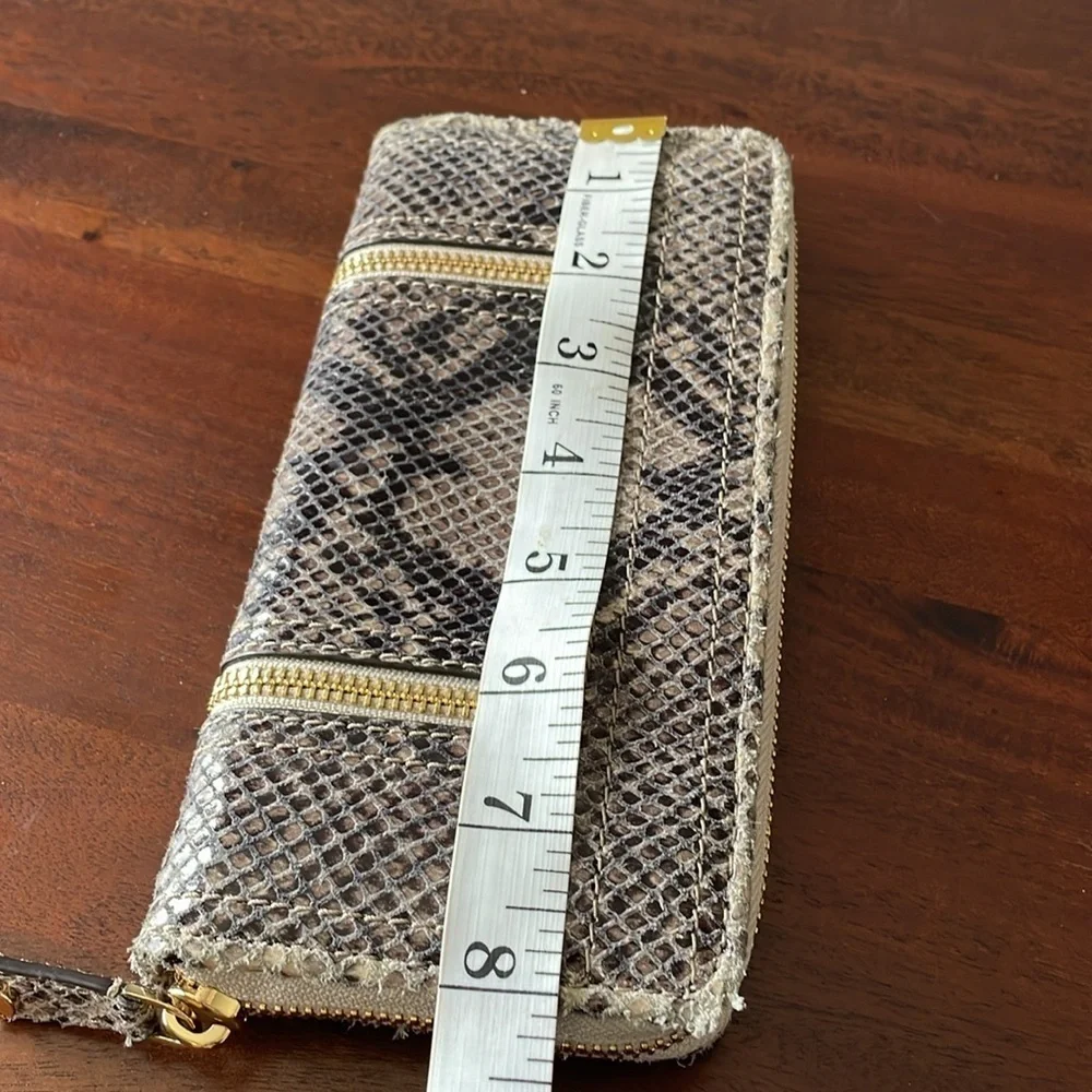 Michael Kors black brown snakeskin embossed logo gold tone zippered wallet